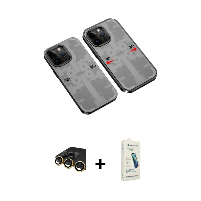 MARSİLYAN™- iPhone 14 Pro Max Kılıf Ufuk Doku Prime - Şeffaf Pasifik Cam Ekran Koruyucu + Raze Metal Kamera Lens - GD