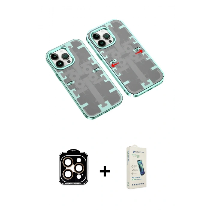 MARSİLYAN™- iPhone 14 Pro Max Kılıf Ufuk Doku Prime - Şeffaf Pasifik Cam Ekran Koruyucu + Turuncu PVD Metal Kamera Lens