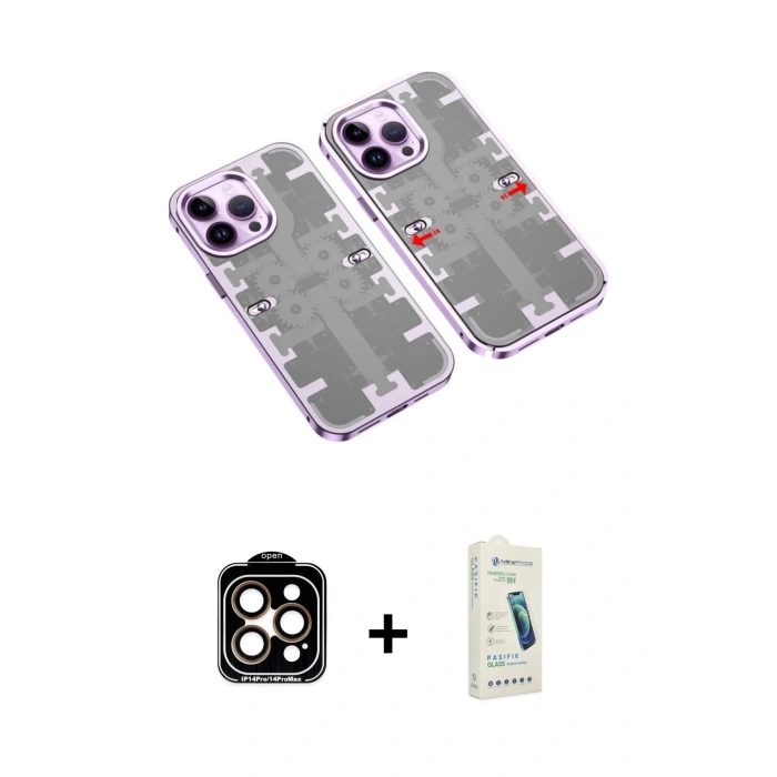 MARSİLYAN™- iPhone 14 Pro Max Kılıf Ufuk Doku Prime - Şeffaf Pasifik Cam Ekran Koruyucu + Turuncu PVD Metal Kamera Lens
