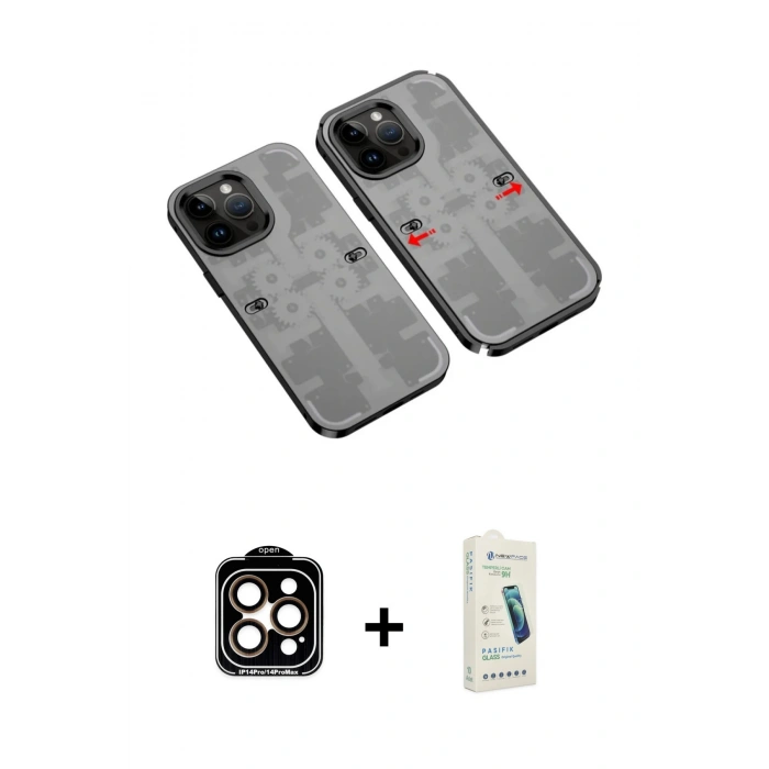 MARSİLYAN™- iPhone 14 Pro Max Kılıf Ufuk Doku Prime - Şeffaf Pasifik Cam Ekran Koruyucu + Turuncu PVD Metal Kamera Lens