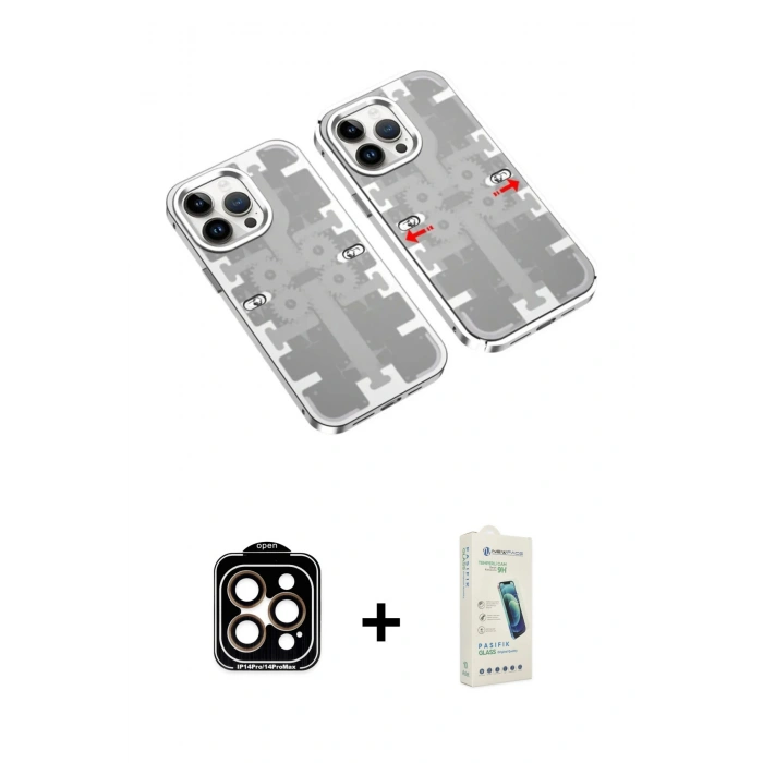 MARSİLYAN™- iPhone 14 Pro Max Kılıf Ufuk Doku Prime - Şeffaf Pasifik Cam Ekran Koruyucu + Turuncu PVD Metal Kamera Lens
