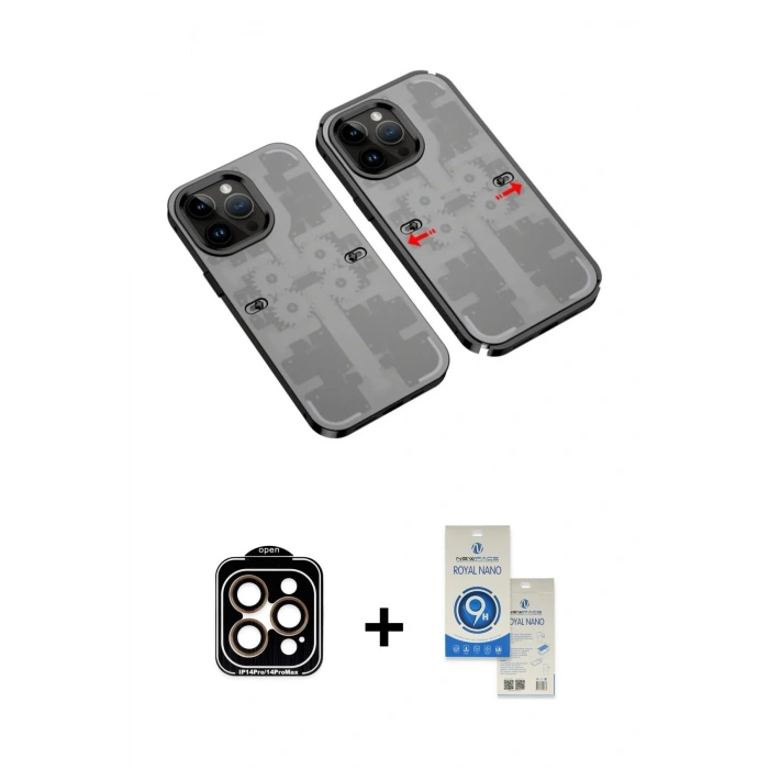 MARSİLYAN™- iPhone 14 Pro Max Kılıf Ufuk Doku Prime - Şeffaf Royal Nano Ekran Koruyucu + PVD Metal Kamera Lens - TU