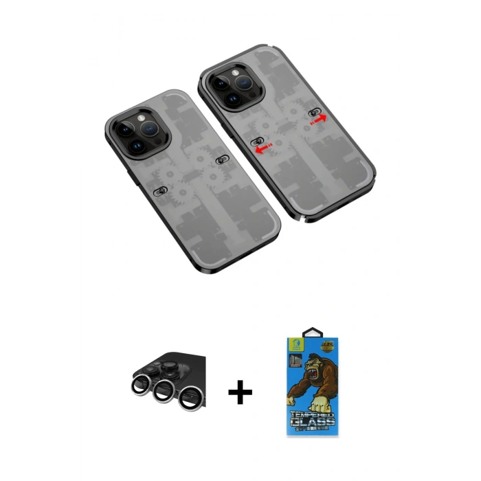 MARSİLYAN™- iPhone 14 Pro Max Kılıf Ufuk Doku Prime - Siyah 18D Cam Ekran Koruyucu + Raze Metal Kamera Lens - GS