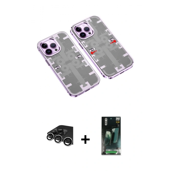 MARSİLYAN™- iPhone 14 Pro Max Kılıf Ufuk Doku Prime - Siyah 360 Mat Full Body Arka Koruyucu + Raze Metal Kamera Lens - GS