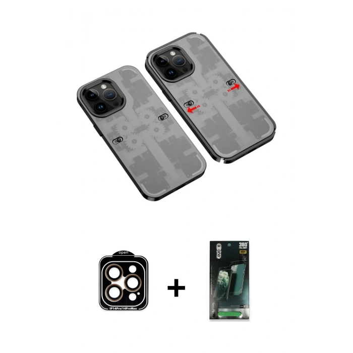 MARSİLYAN™- iPhone 14 Pro Max Kılıf Ufuk Doku Prime - Siyah 360 Mat Full Body Arka Koruyucu + PVD Metal Kamera Lens - TU