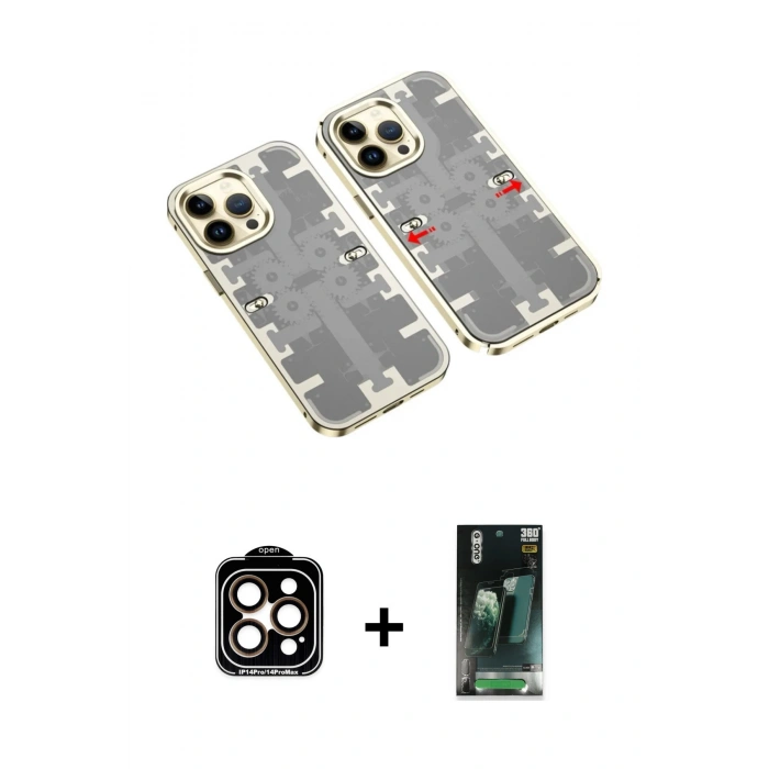 MARSİLYAN™- iPhone 14 Pro Max Kılıf Ufuk Doku Prime - Siyah 360 Mat Full Body Arka Koruyucu + PVD Metal Kamera Lens - TU