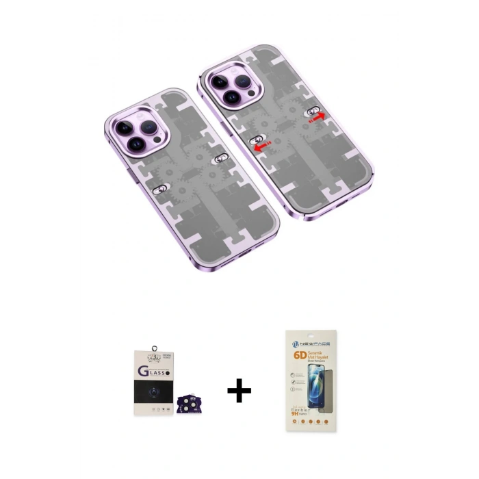 MARSİLYAN™- iPhone 14 Pro Max Kılıf Ufuk Doku Prime - Siyah 6D Mat Seramik Hayalet Nano Ekran Koruyucu + Derin Mor Bilvis Titan Kamera Lens