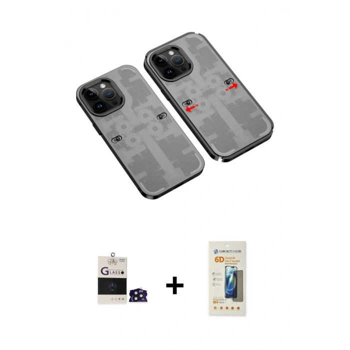 MARSİLYAN™- iPhone 14 Pro Max Kılıf Ufuk Doku Prime - Siyah 6D Mat Seramik Hayalet Nano Ekran Koruyucu + Derin Mor Bilvis Titan Kamera Lens