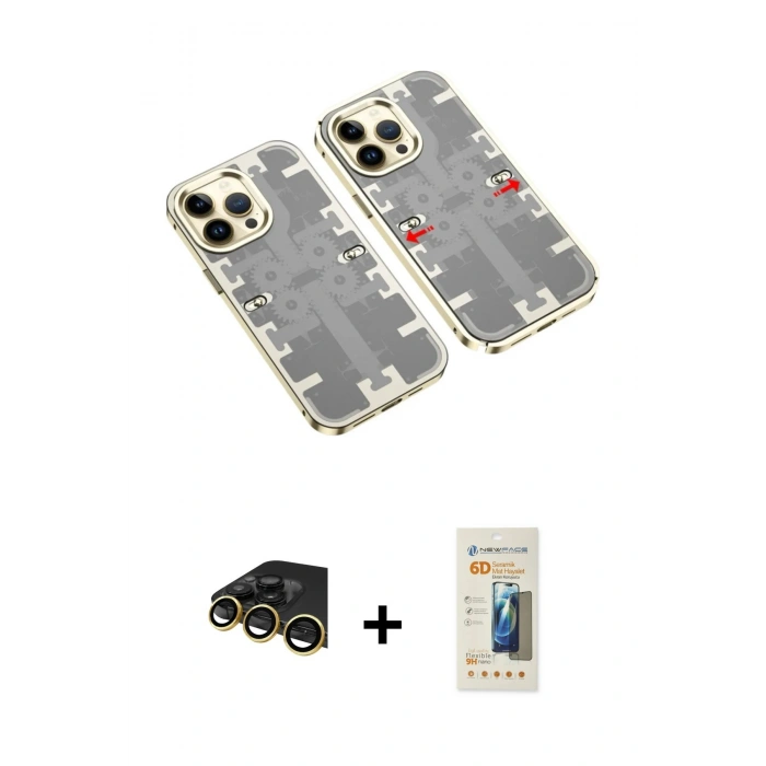MARSİLYAN™- iPhone 14 Pro Max Kılıf Ufuk Doku Prime - Siyah 6D Mat Seramik Hayalet Nano Ekran Koruyucu + Gold Raze Metal Kamera Lens