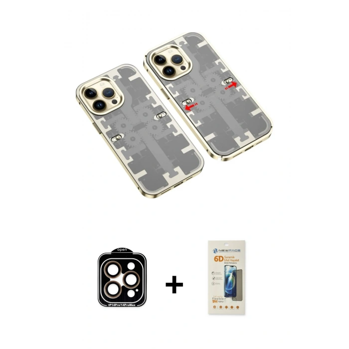 MARSİLYAN™- iPhone 14 Pro Max Kılıf Ufuk Doku Prime - Siyah 6D Mat Seramik Hayalet Nano Ekran Koruyucu + PVD Metal Kamera Lens - TU