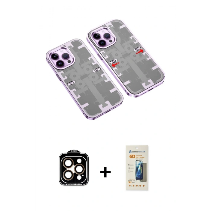 MARSİLYAN™- iPhone 14 Pro Max Kılıf Ufuk Doku Prime - Siyah 6D Mat Seramik Hayalet Nano Ekran Koruyucu + PVD Metal Kamera Lens - TU