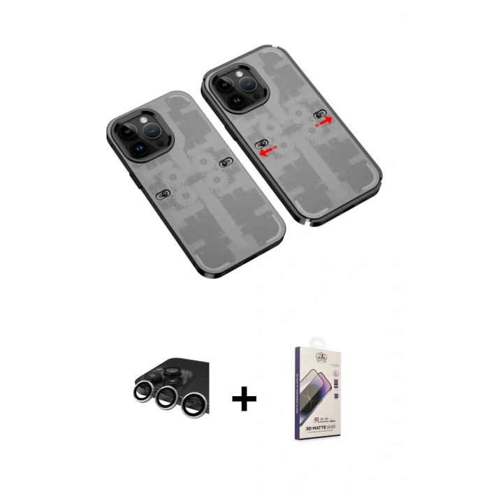 MARSİLYAN™- iPhone 14 Pro Max Kılıf Ufuk Doku Prime - Siyah Bilvis 3D Mat Cam Ekran Koruyucu + Raze Metal Kamera Lens - GS