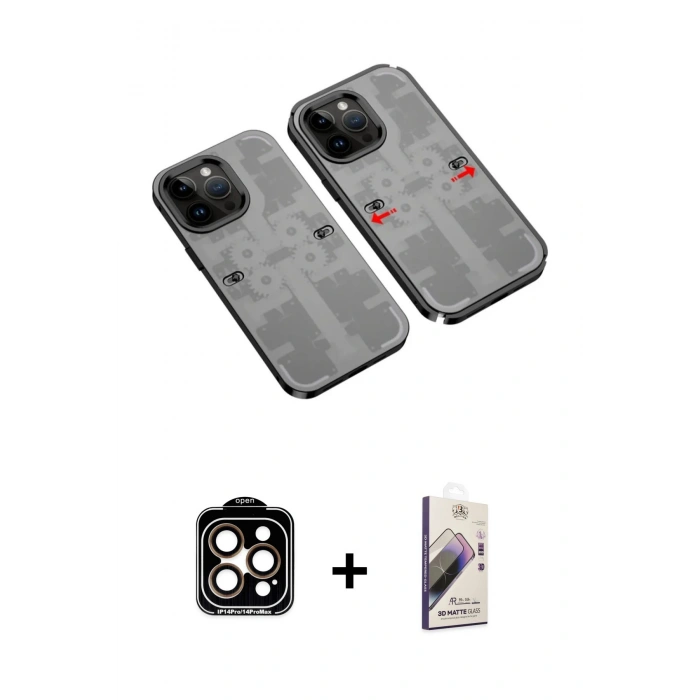 MARSİLYAN™- iPhone 14 Pro Max Kılıf Ufuk Doku Prime - Siyah Bilvis 3D Mat Cam Ekran Koruyucu + PVD Metal Kamera Lens - TU