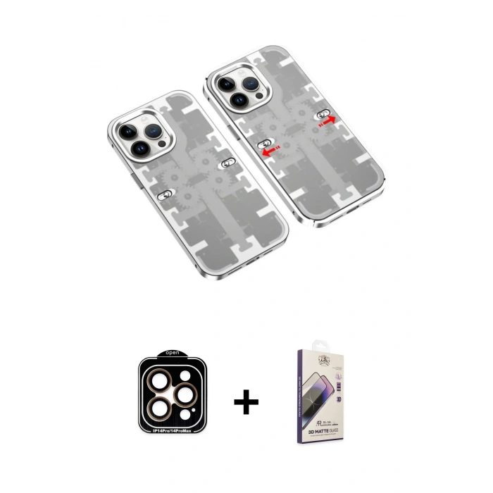 MARSİLYAN™- iPhone 14 Pro Max Kılıf Ufuk Doku Prime - Siyah Bilvis 3D Mat Cam Ekran Koruyucu + PVD Metal Kamera Lens - TU