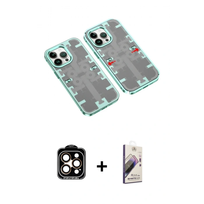 MARSİLYAN™- iPhone 14 Pro Max Kılıf Ufuk Doku Prime - Siyah Bilvis 3D Mat Cam Ekran Koruyucu + PVD Metal Kamera Lens - TU