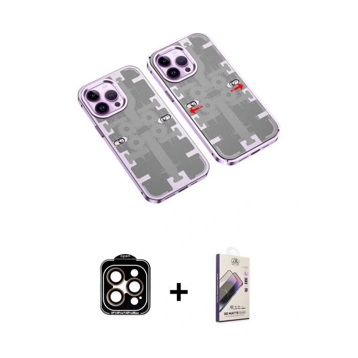 MARSİLYAN™- iPhone 14 Pro Max Kılıf Ufuk Doku Prime - Siyah Bilvis 3D Mat Cam Ekran Koruyucu + PVD Metal Kamera Lens - TU