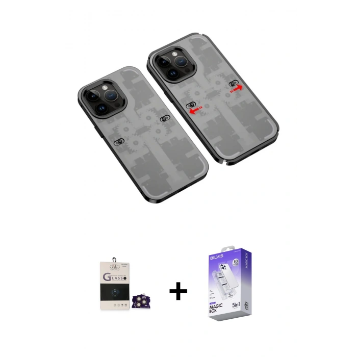 MARSİLYAN™- iPhone 14 Pro Max Kılıf Ufuk Doku Prime - Siyah Bilvis 5in1 3D Magic Cam Ekran Koruyucu + Bilvis Titan Kamera Lens - GD