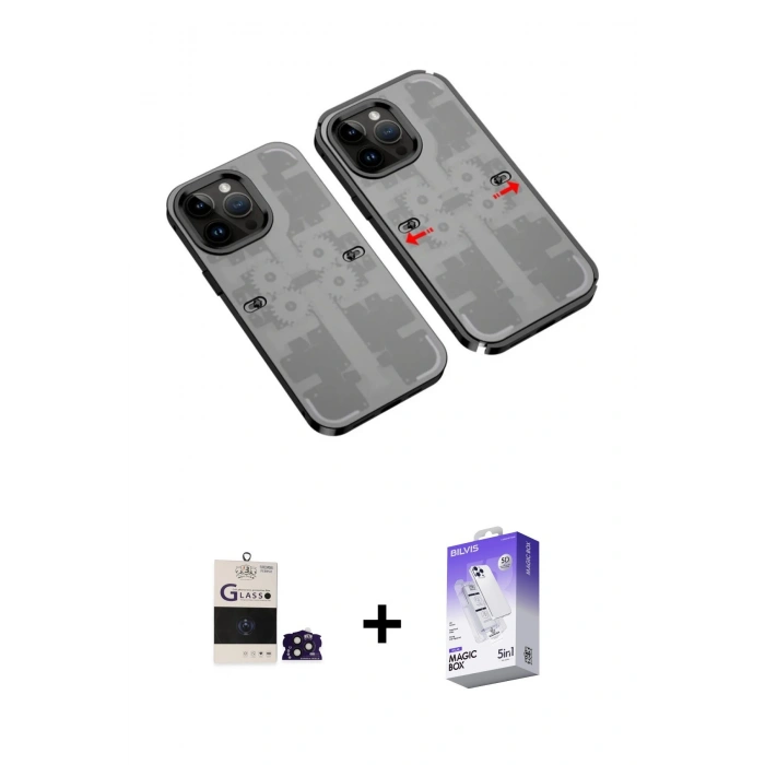 MARSİLYAN™- iPhone 14 Pro Max Kılıf Ufuk Doku Prime - Siyah Bilvis 5in1 3D Magic Cam Ekran Koruyucu + Bilvis Titan Kamera Lens - DNMR