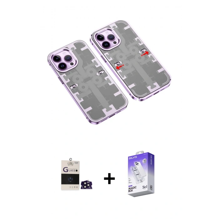 MARSİLYAN™- iPhone 14 Pro Max Kılıf Ufuk Doku Prime - Siyah Bilvis 5in1 3D Magic Cam Ekran Koruyucu + Bilvis Titan Kamera Lens - DNMR