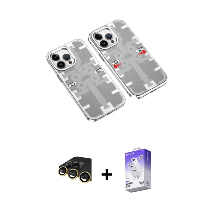 MARSİLYAN™- iPhone 14 Pro Max Kılıf Ufuk Doku Prime - Siyah Bilvis 5in1 3D Magic Cam Ekran Koruyucu + Raze Metal Kamera Lens - GD