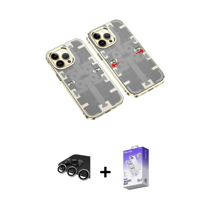 MARSİLYAN™- iPhone 14 Pro Max Kılıf Ufuk Doku Prime - Siyah Bilvis 5in1 3D Magic Cam Ekran Koruyucu + Raze Metal Kamera Lens - GS