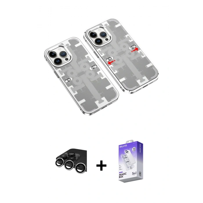 MARSİLYAN™- iPhone 14 Pro Max Kılıf Ufuk Doku Prime - Siyah Bilvis 5in1 3D Magic Cam Ekran Koruyucu + Raze Metal Kamera Lens - GS