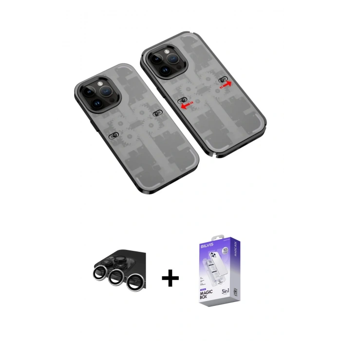 MARSİLYAN™- iPhone 14 Pro Max Kılıf Ufuk Doku Prime - Siyah Bilvis 5in1 3D Magic Cam Ekran Koruyucu + Raze Metal Kamera Lens - GS