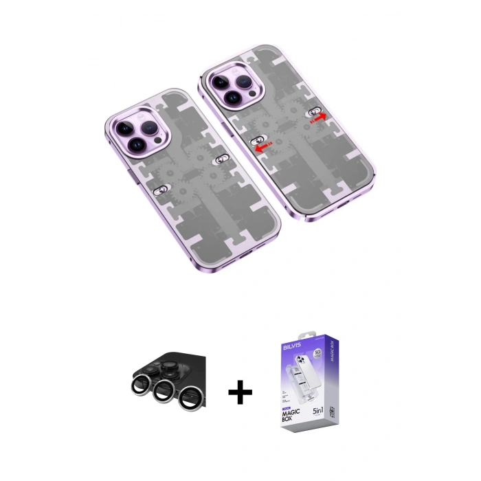 MARSİLYAN™- iPhone 14 Pro Max Kılıf Ufuk Doku Prime - Siyah Bilvis 5in1 3D Magic Cam Ekran Koruyucu + Raze Metal Kamera Lens - GS
