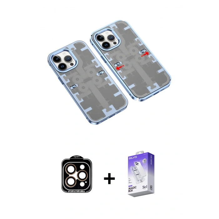 MARSİLYAN™- iPhone 14 Pro Max Kılıf Ufuk Doku Prime - Siyah Bilvis 5in1 3D Magic Cam Ekran Koruyucu + PVD Metal Kamera Lens - TU