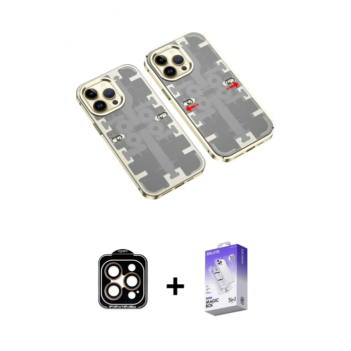 MARSİLYAN™- iPhone 14 Pro Max Kılıf Ufuk Doku Prime - Siyah Bilvis 5in1 3D Magic Cam Ekran Koruyucu + PVD Metal Kamera Lens - TU