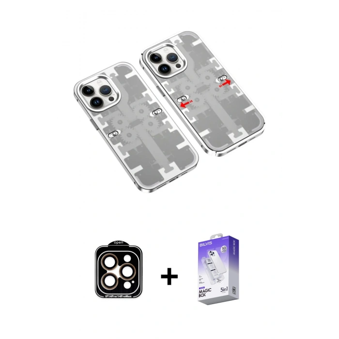 MARSİLYAN™- iPhone 14 Pro Max Kılıf Ufuk Doku Prime - Siyah Bilvis 5in1 3D Magic Cam Ekran Koruyucu + PVD Metal Kamera Lens - TU