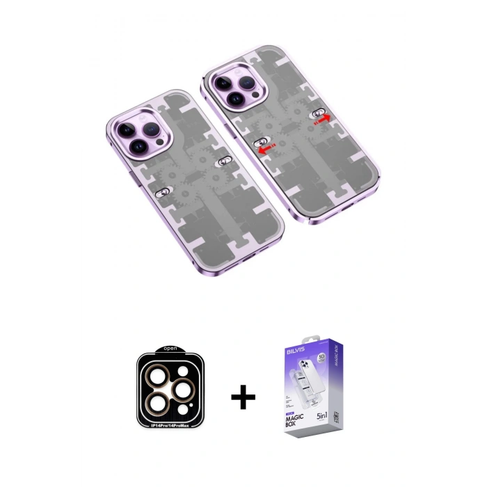 MARSİLYAN™- iPhone 14 Pro Max Kılıf Ufuk Doku Prime - Siyah Bilvis 5in1 3D Magic Cam Ekran Koruyucu + PVD Metal Kamera Lens - TU