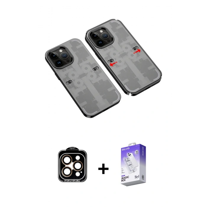 MARSİLYAN™- iPhone 14 Pro Max Kılıf Ufuk Doku Prime - Siyah Bilvis 5in1 3D Magic Cam Ekran Koruyucu + PVD Metal Kamera Lens - TU