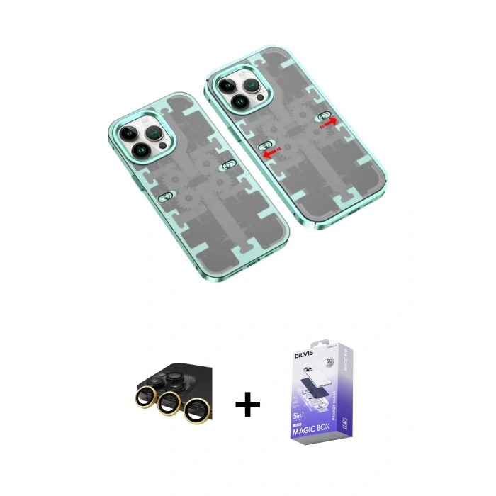 MARSİLYAN™- iPhone 14 Pro Max Kılıf Ufuk Doku Prime - Siyah Bilvis 5in1 5D Magic Hayalet Cam Ekran Koruyucu + Raze Metal Kamera Lens - GD