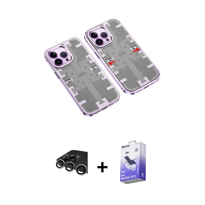 MARSİLYAN™- iPhone 14 Pro Max Kılıf Ufuk Doku Prime - Siyah Bilvis 5in1 5D Magic Hayalet Cam Ekran Koruyucu + Gümüş Raze Metal Kamera Lens