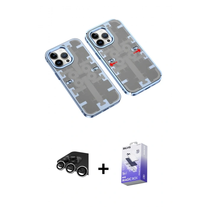 MARSİLYAN™- iPhone 14 Pro Max Kılıf Ufuk Doku Prime - Siyah Bilvis 5in1 5D Magic Hayalet Cam Ekran Koruyucu + Gümüş Raze Metal Kamera Lens