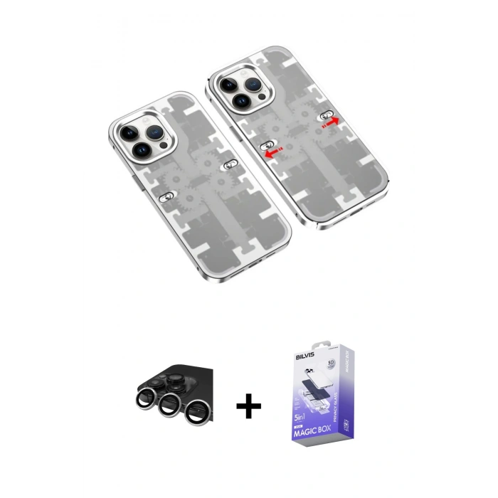 MARSİLYAN™- iPhone 14 Pro Max Kılıf Ufuk Doku Prime - Siyah Bilvis 5in1 5D Magic Hayalet Cam Ekran Koruyucu + Gümüş Raze Metal Kamera Lens
