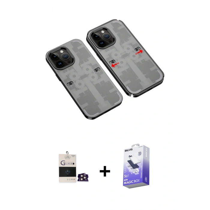 MARSİLYAN™- iPhone 14 Pro Max Kılıf Ufuk Doku Prime - Siyah Bilvis 5in1 5D Magic Hayalet Cam Ekran Koruyucu + Bilvis Titan Kamera Lens - GD