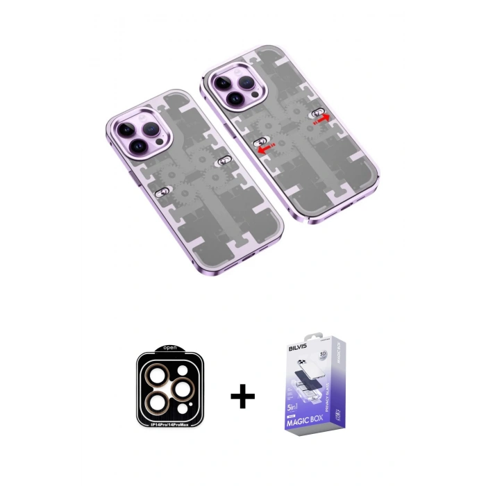 MARSİLYAN™- iPhone 14 Pro Max Kılıf Ufuk Doku Prime - Siyah Bilvis 5in1 5D Magic Hayalet Cam Ekran Koruyucu + PVD Metal Kamera Lens - TU