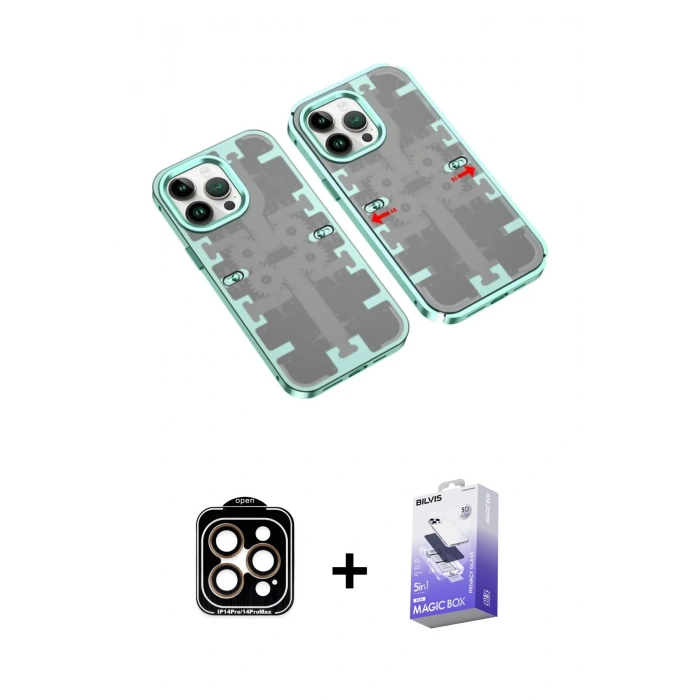 MARSİLYAN™- iPhone 14 Pro Max Kılıf Ufuk Doku Prime - Siyah Bilvis 5in1 5D Magic Hayalet Cam Ekran Koruyucu + PVD Metal Kamera Lens - TU