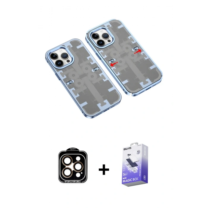 MARSİLYAN™- iPhone 14 Pro Max Kılıf Ufuk Doku Prime - Siyah Bilvis 5in1 5D Magic Hayalet Cam Ekran Koruyucu + PVD Metal Kamera Lens - TU