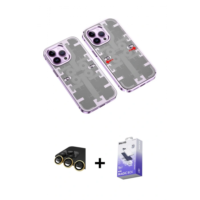 MARSİLYAN™- iPhone 14 Pro Max Kılıf Ufuk Doku Prime - Siyah Bilvis 5in1 5D Magic Hayalet Cam Ekran Koruyucu + Raze Metal Kamera Lens - GD