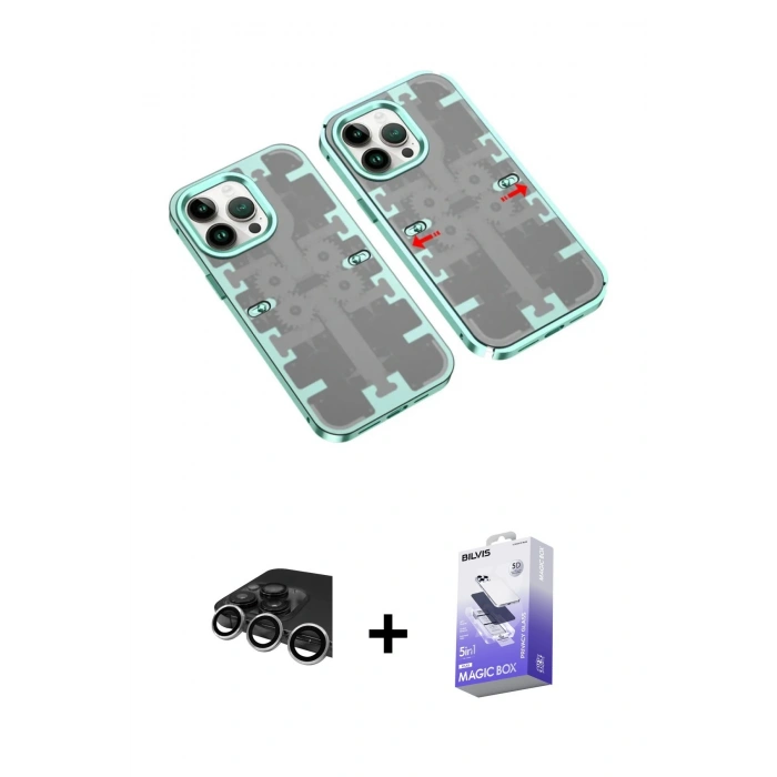 MARSİLYAN™- iPhone 14 Pro Max Kılıf Ufuk Doku Prime - Siyah Bilvis 5in1 5D Magic Hayalet Cam Ekran Koruyucu + Gümüş Raze Metal Kamera Lens