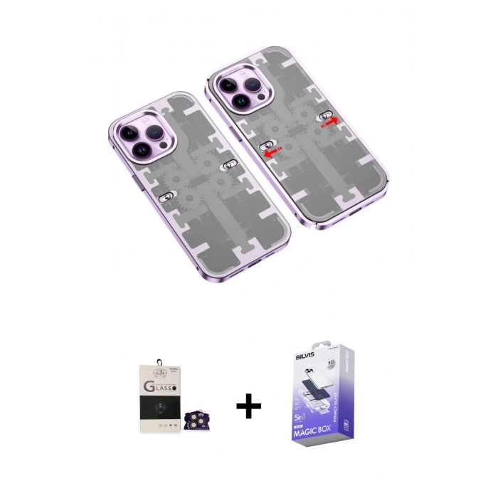 MARSİLYAN™- iPhone 14 Pro Max Kılıf Ufuk Doku Prime - Siyah Bilvis 5in1 5D Magic Hayalet Cam Ekran Koruyucu + Bilvis Titan Kamera Lens - GD