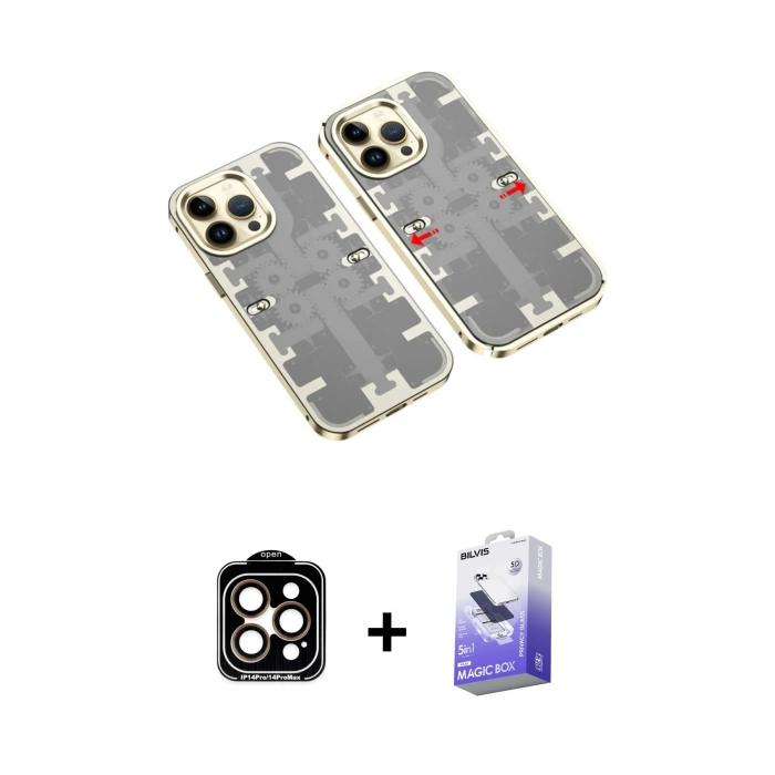 MARSİLYAN™- iPhone 14 Pro Max Kılıf Ufuk Doku Prime - Siyah Bilvis 5in1 5D Magic Hayalet Cam Ekran Koruyucu + PVD Metal Kamera Lens - TU