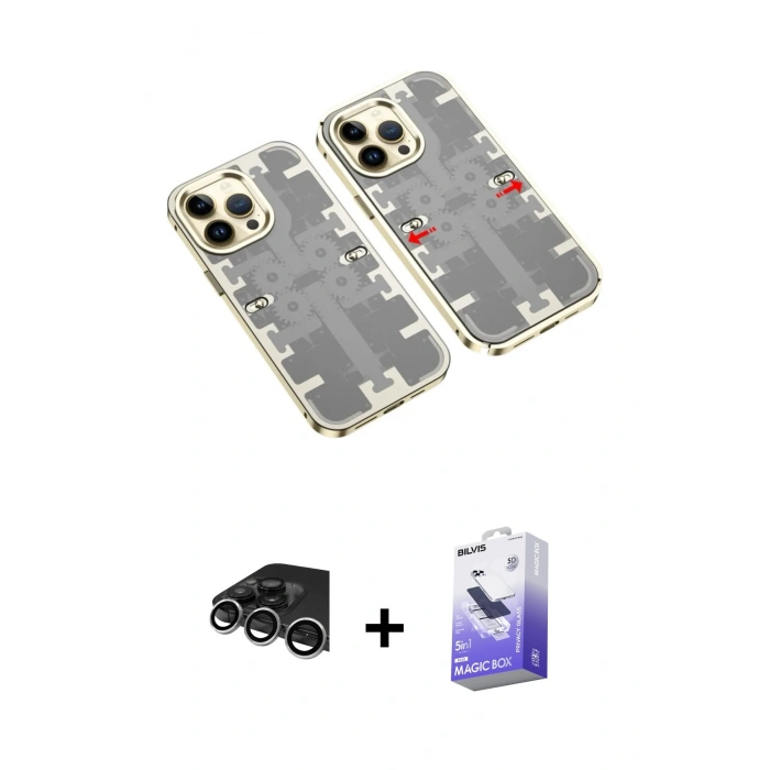 MARSİLYAN™- iPhone 14 Pro Max Kılıf Ufuk Doku Prime - Siyah Bilvis 5in1 5D Magic Hayalet Cam Ekran Koruyucu + Gümüş Raze Metal Kamera Lens