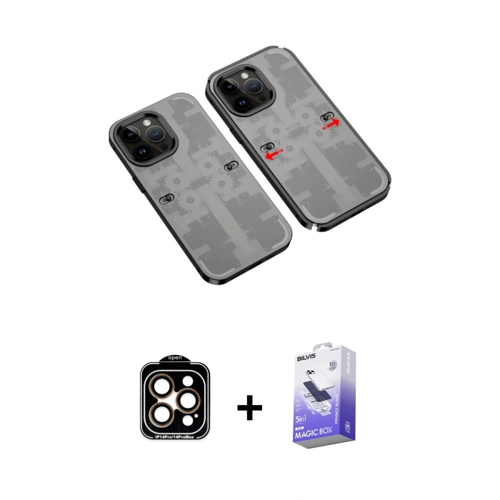 MARSİLYAN™- iPhone 14 Pro Max Kılıf Ufuk Doku Prime - Siyah Bilvis 5in1 5D Magic Hayalet Cam Ekran Koruyucu + PVD Metal Kamera Lens - TU