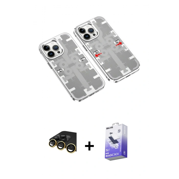 MARSİLYAN™- iPhone 14 Pro Max Kılıf Ufuk Doku Prime - Siyah Bilvis 5in1 5D Magic Hayalet Cam Ekran Koruyucu + Raze Metal Kamera Lens - GD