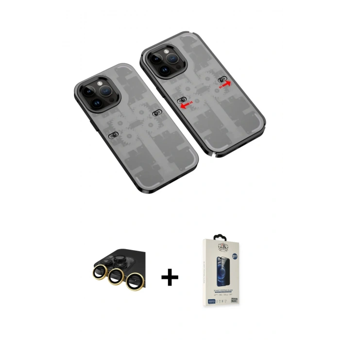 MARSİLYAN™- iPhone 14 Pro Max Kılıf Ufuk Doku Prime - Siyah Bilvis Hayalet Cam Ekran Koruyucu + Raze Metal Kamera Lens - GD