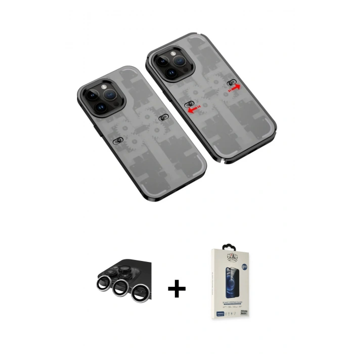 MARSİLYAN™- iPhone 14 Pro Max Kılıf Ufuk Doku Prime - Siyah Bilvis Hayalet Cam Ekran Koruyucu + Raze Metal Kamera Lens - GS